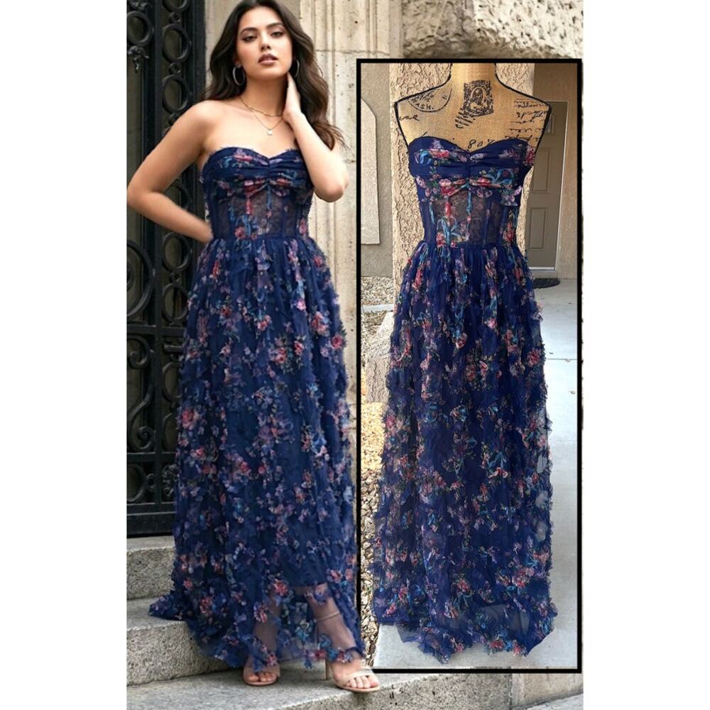 Lulus Navy Floral Mesh Ruffled Strapless Stunning Element Maxi Dress Size M